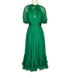 Mac Duggal Emerald Green Sheer Puff Sleeve Bow Neck Gown | 2